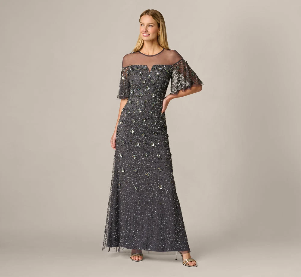 Flutter Sleeve Floral Sequin Beaded Illusion Gown In Gunmetal