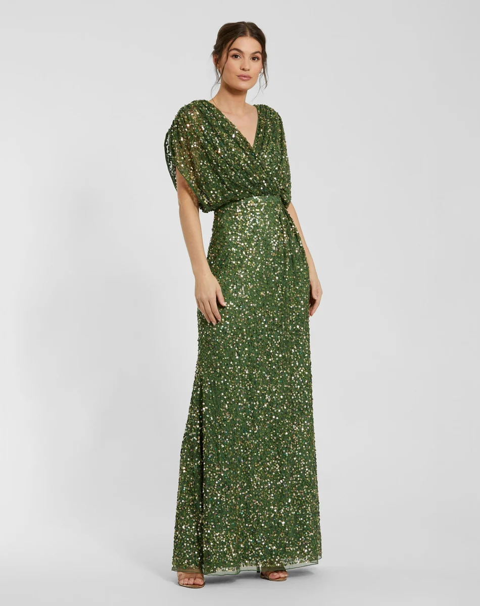 Dark Green Sequin Draped Sleeve V-Neck Gown