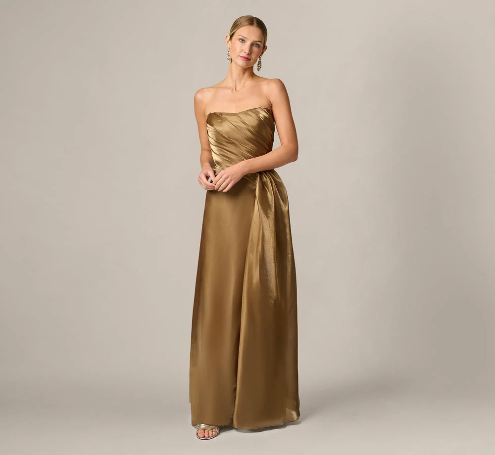 Strapless Liquid Organza Draped Gown In Gold