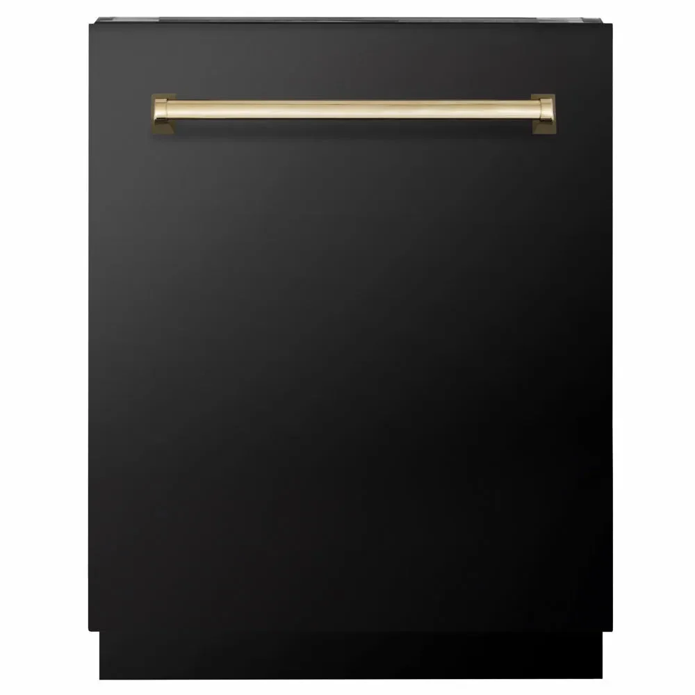 ZLINE Autograph Edition 24 in. Tallac Series 3rd Rack Dishwasher with Auto Door Open Drying, 51dBa, Black Stainless Steel Panel with Polished Gold Handle (DWVZ-BS-24-G)