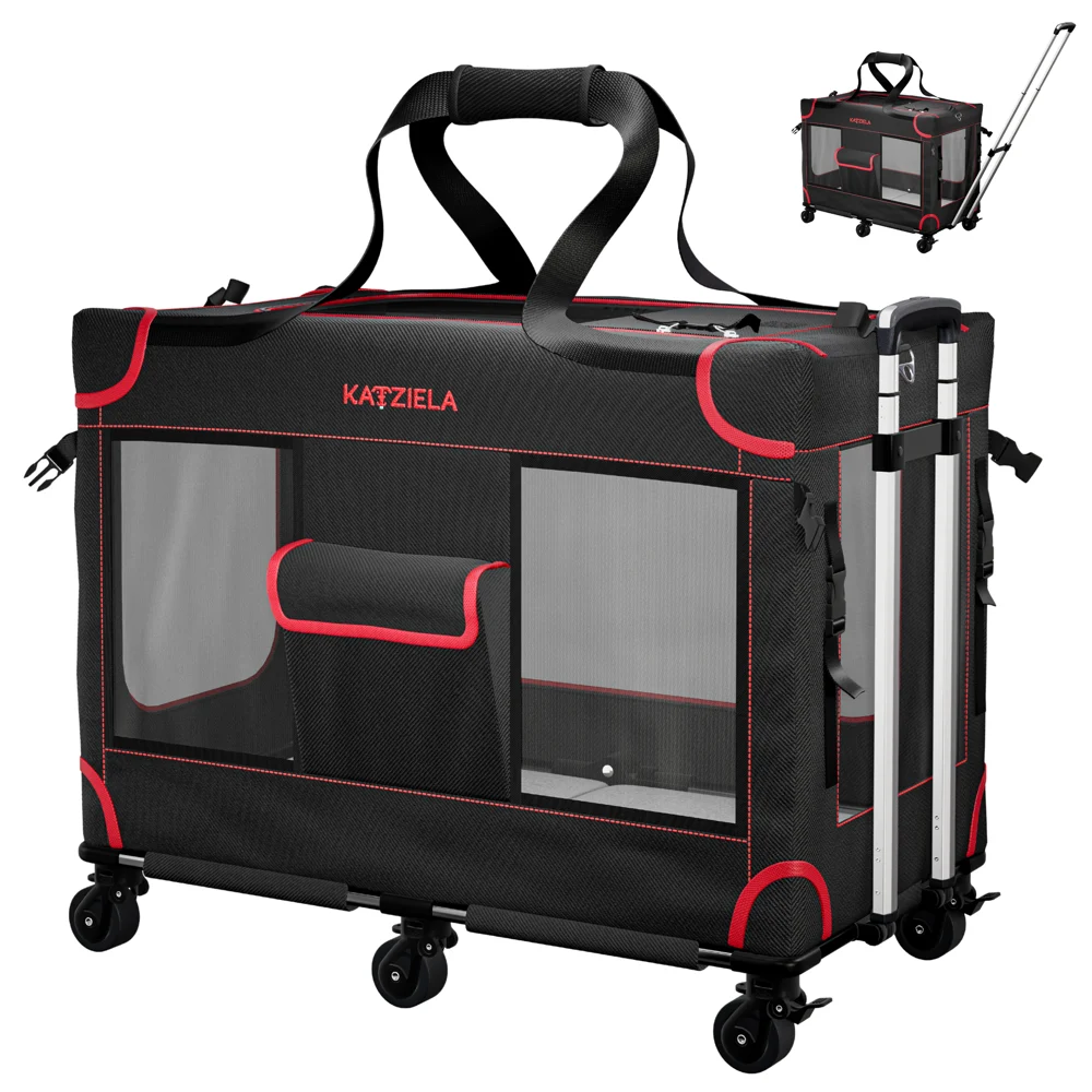 Katziela Mega Cruze Rolling Pet Carrier – Stress - Free Travel for Medium & Large Dogs 25”x17”x20”