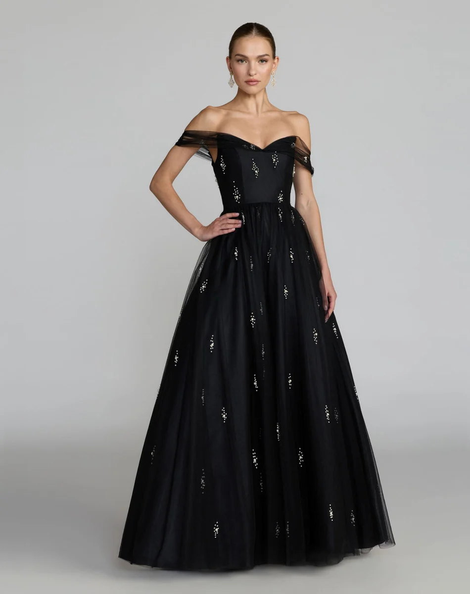 Black Pearl Embellished Off The Shoulder Ball Gown