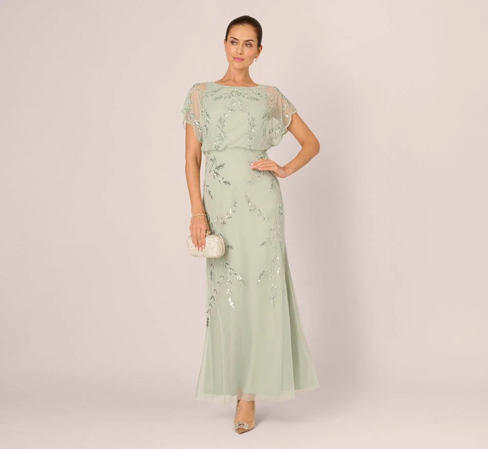 Hand-Beaded Illusion Long Blouson Gown In Icy Sage