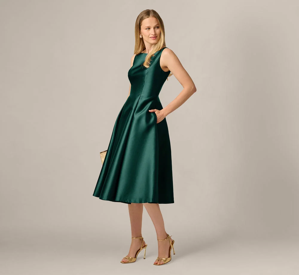 Sleeveless Mikado Fit And Flare Midi Dress With V-Back In Dark Forest