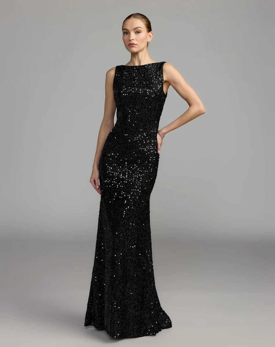 Black Cowl Back Boat Neck Sequined Evening Gown
