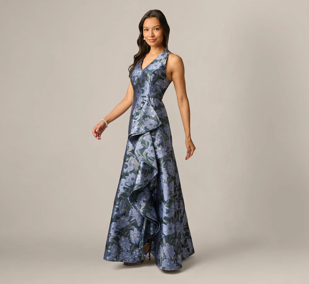Petite Floral Jacquard Flounce Cascade Gown In Navy Blue Multi