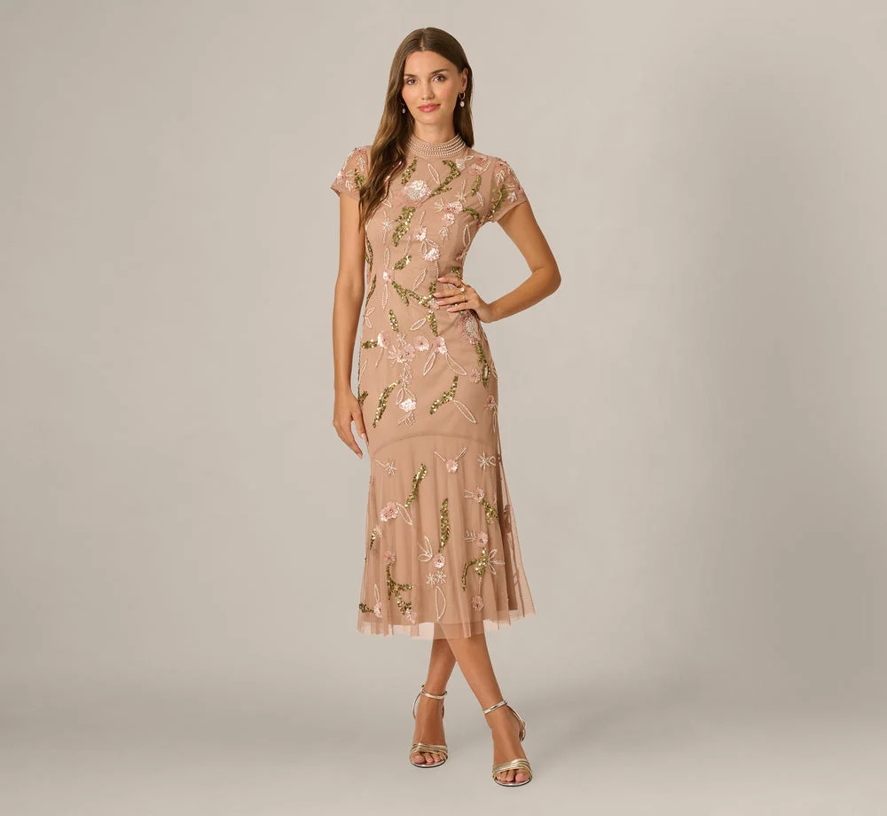Short Sleeve Floral Sequin Beaded Midi Dress In Rose Gold Multi