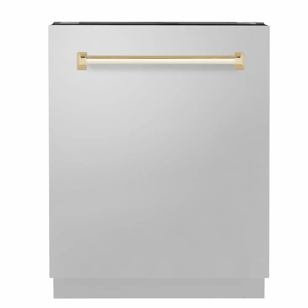 ZLINE Autograph Edition 24 in. Tallac Series 3rd Rack Dishwasher with Auto Door Open Drying, 51dBa, Stainless Steel Panel with Polished Gold Handle (DWVZ-304-24-G)
