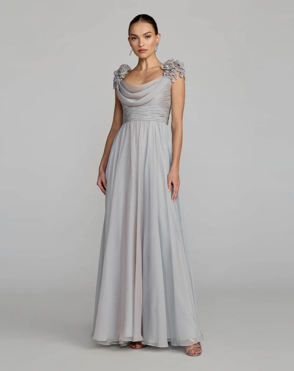 Gray Chiffon Cowl Neck Embellished Cap Sleeve Gown