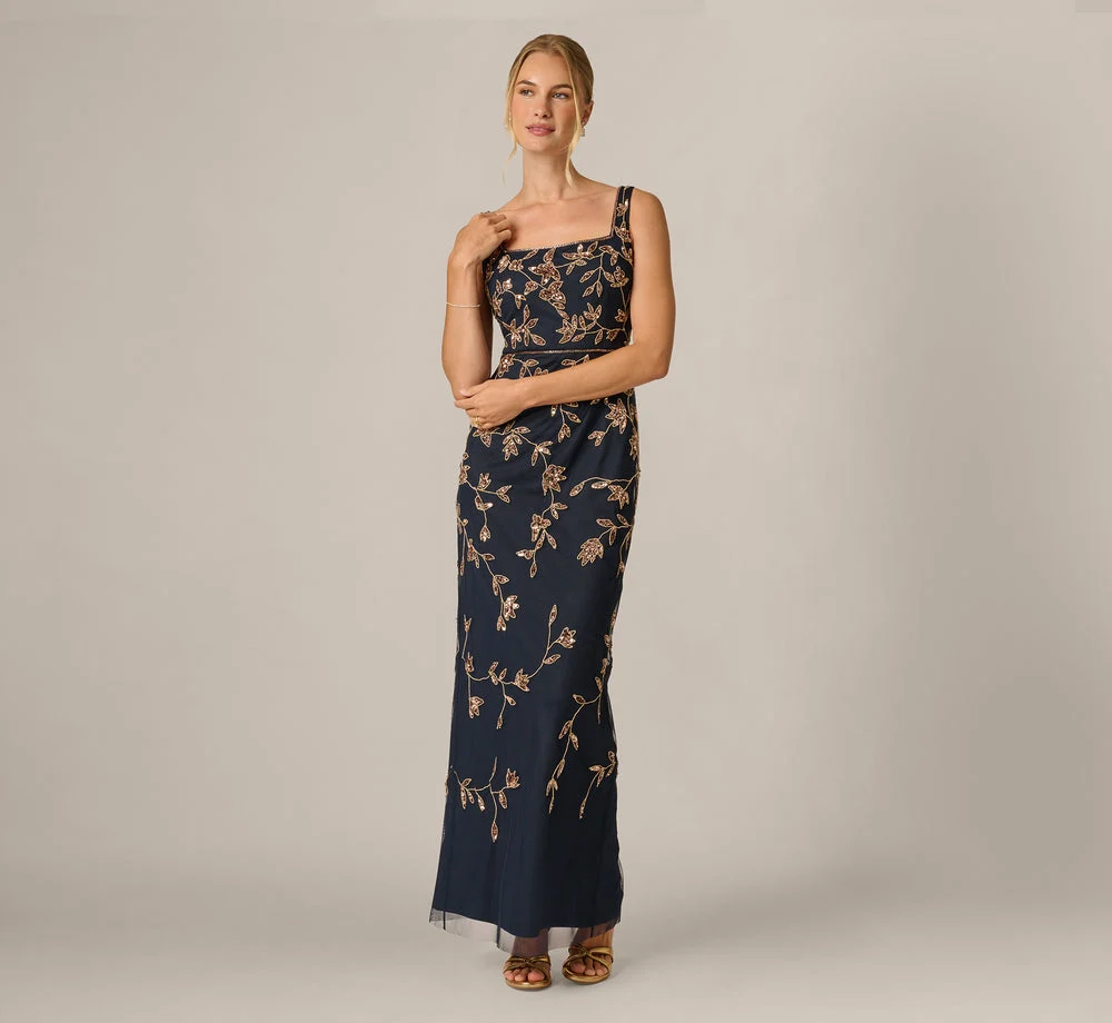 Square Neck Vine Beaded Column Gown In Navy Rosegold