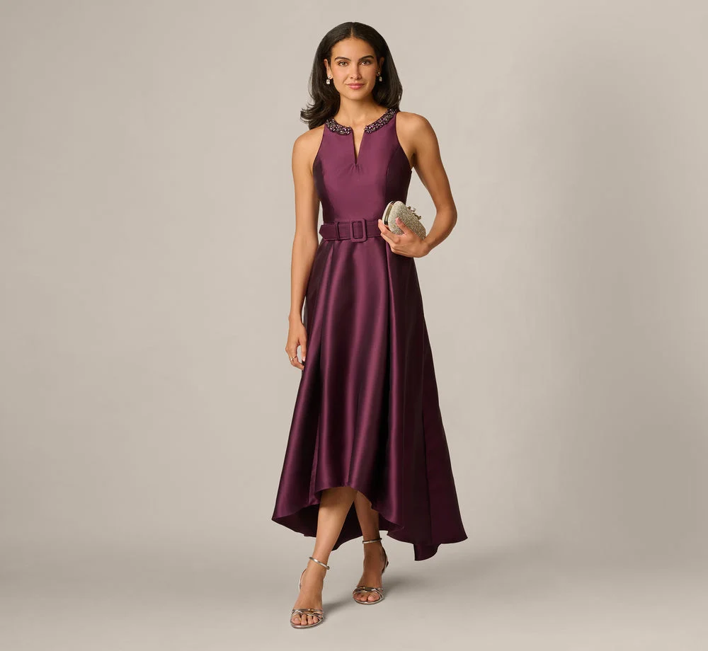 Petite Beaded Collar Mikado Fit And Flare High Low Gown In Pinot Noir