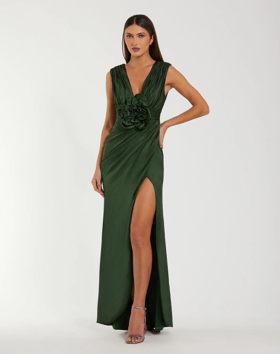 Green Charmeuse Plunge Neck Gown With 3D Flower