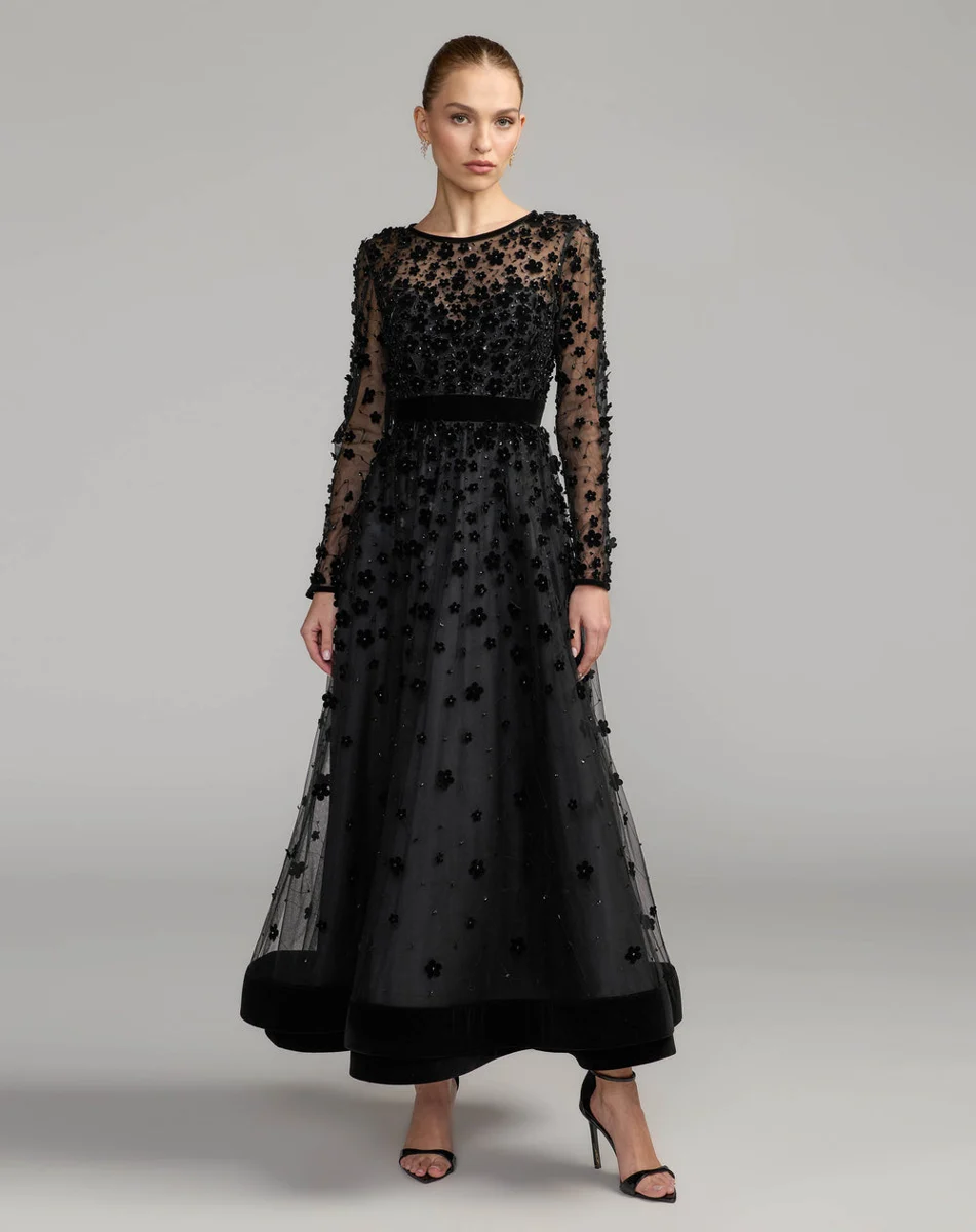 Black Velvet Floral Appliqué Midi Dress