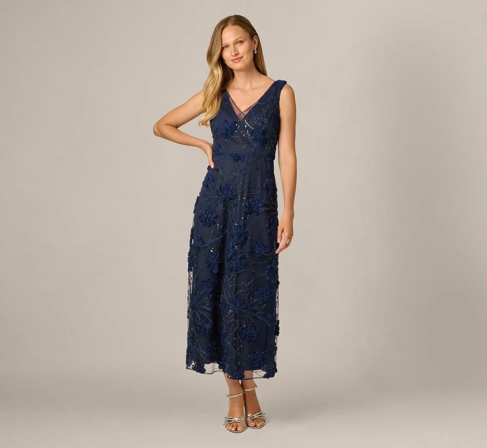 Beaded Floral Soutache Embroidery Ankle Length Dress In Navy