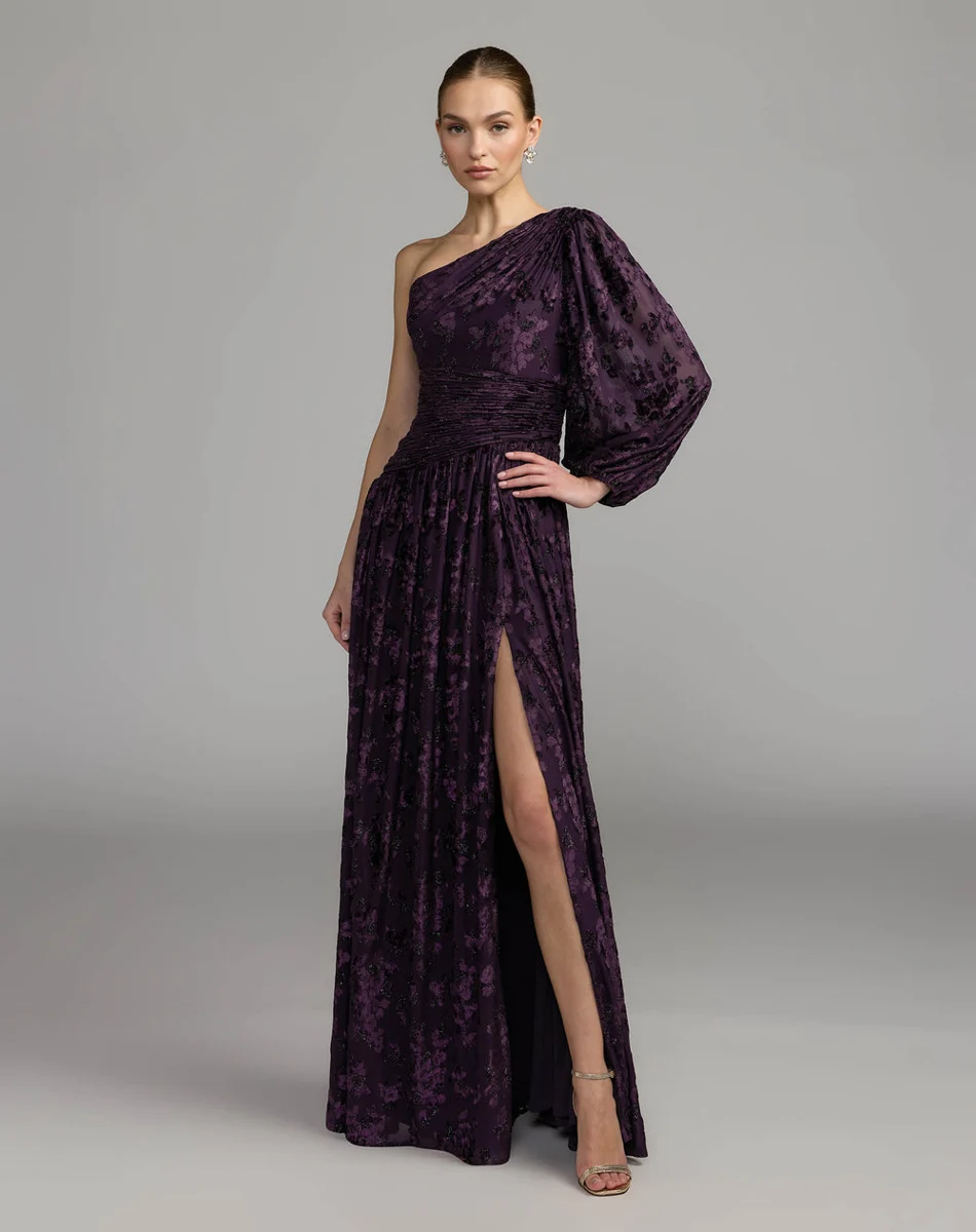 Amethyst One Shoulder Long Sleeve Burnout Velvet Gown