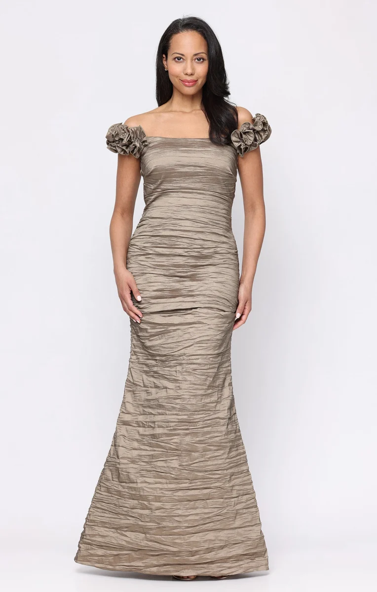 Long Off The Shoulder Crinkle Stretch Taffeta Dress