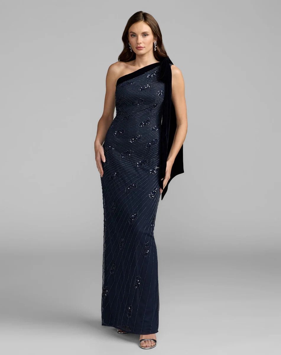 Navy Beaded One Shoulder Gown With Velvet Bow