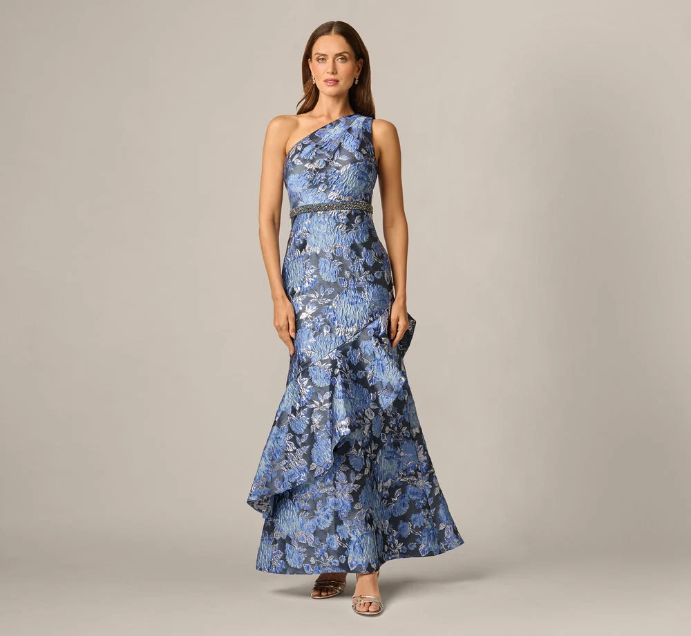 One Shoulder Beaded Metallic Floral Gown In Navy Blue Multi