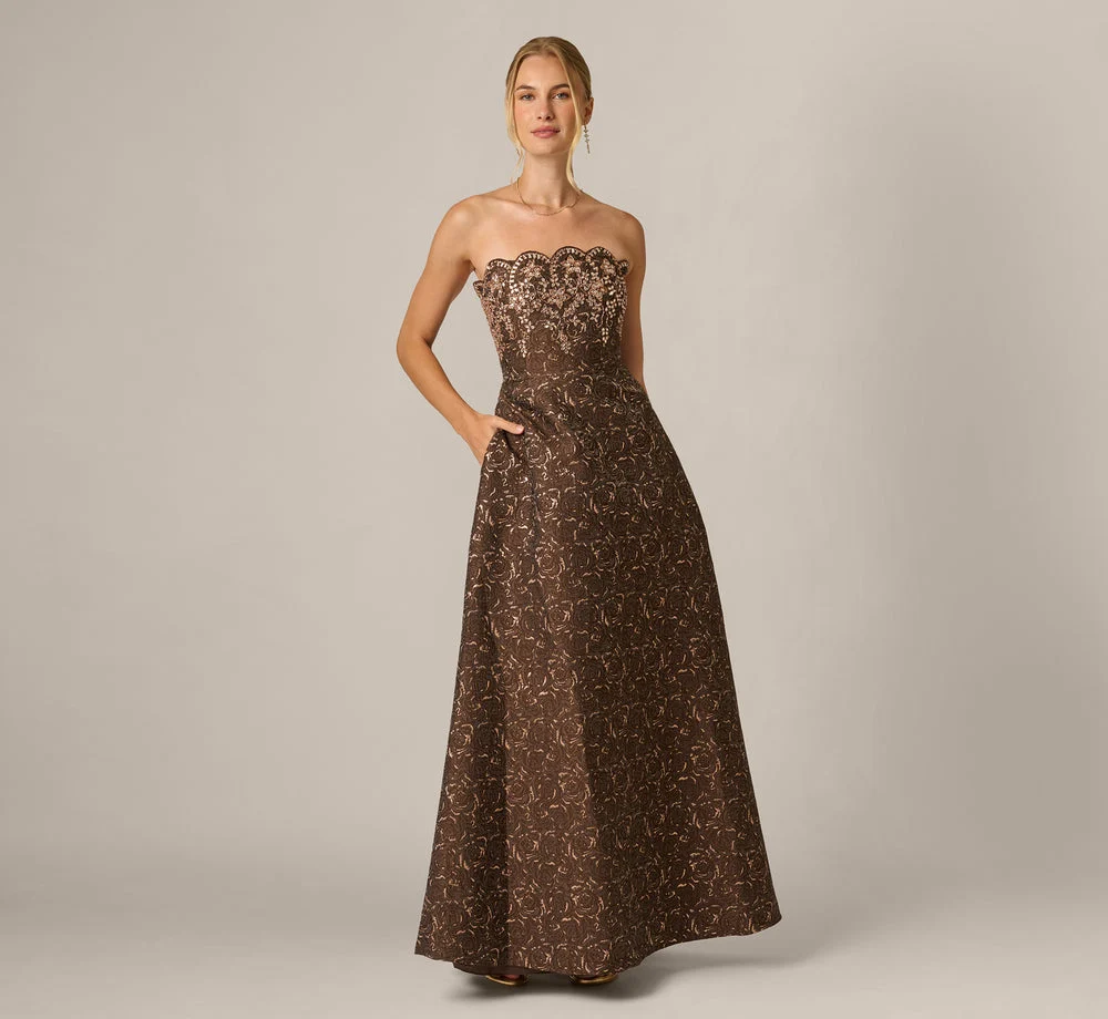 Strapless Scalloped Beaded Rose Jacquard Gown In Chocolate