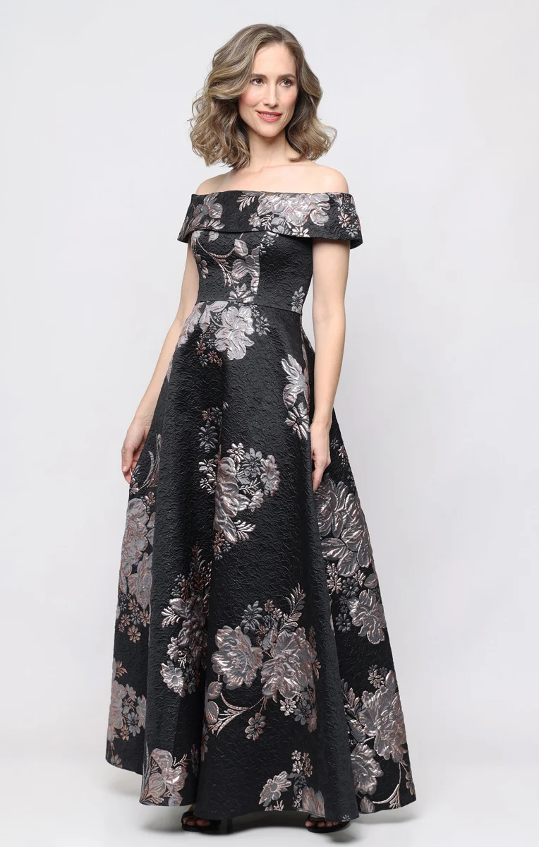 *Long Jacquard Off the Shoulder Gown with Foldover Neckline