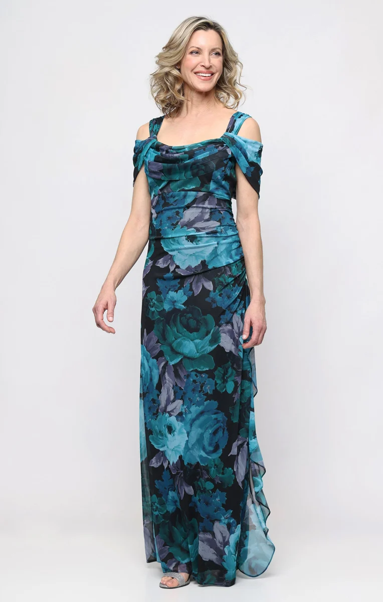 Mia Mesh & Printed Cowl-Neck Gown